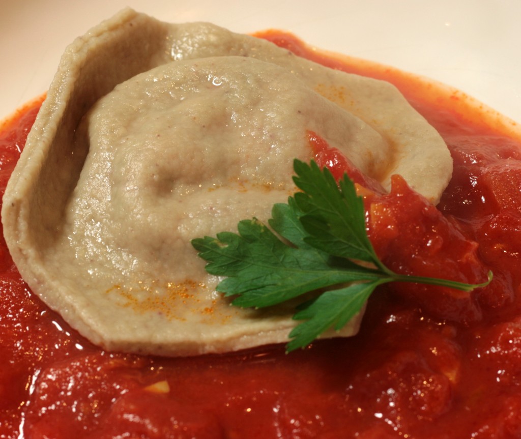 Chestnut ravioli with brocciu in tomato sauce