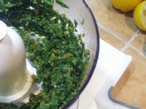 Three-cornered leek pesto making